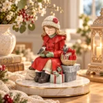 Decorațiune Crăciun Fetiță pe bancă cu păsărele și cadouri, 18 cm - imagine 3