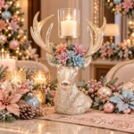 Decorațiune Crăciun Suport de lumânare alb cu cerb și flori, 43 cm - imagine 2