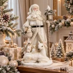 Decorațiune Moș Crăciun cu animalele pădurii, alb, 34 cm - imagine 2