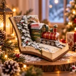 Decorațiune Crăciun Tren nins pe carte, roșu cu maro, 15 cm - imagine 3